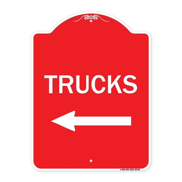 Signmission Trucks Sign Trucks W/ Left Arrow, Red & White Aluminum Architectural Sign, 18" x 24", RW-1824-22781 A-DES-RW-1824-22781 - main